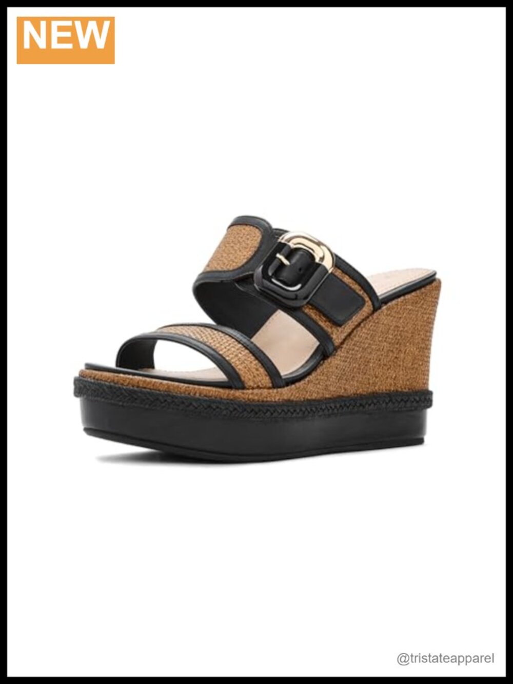 Leather Raffia Buckle Strap Wedge Sandal